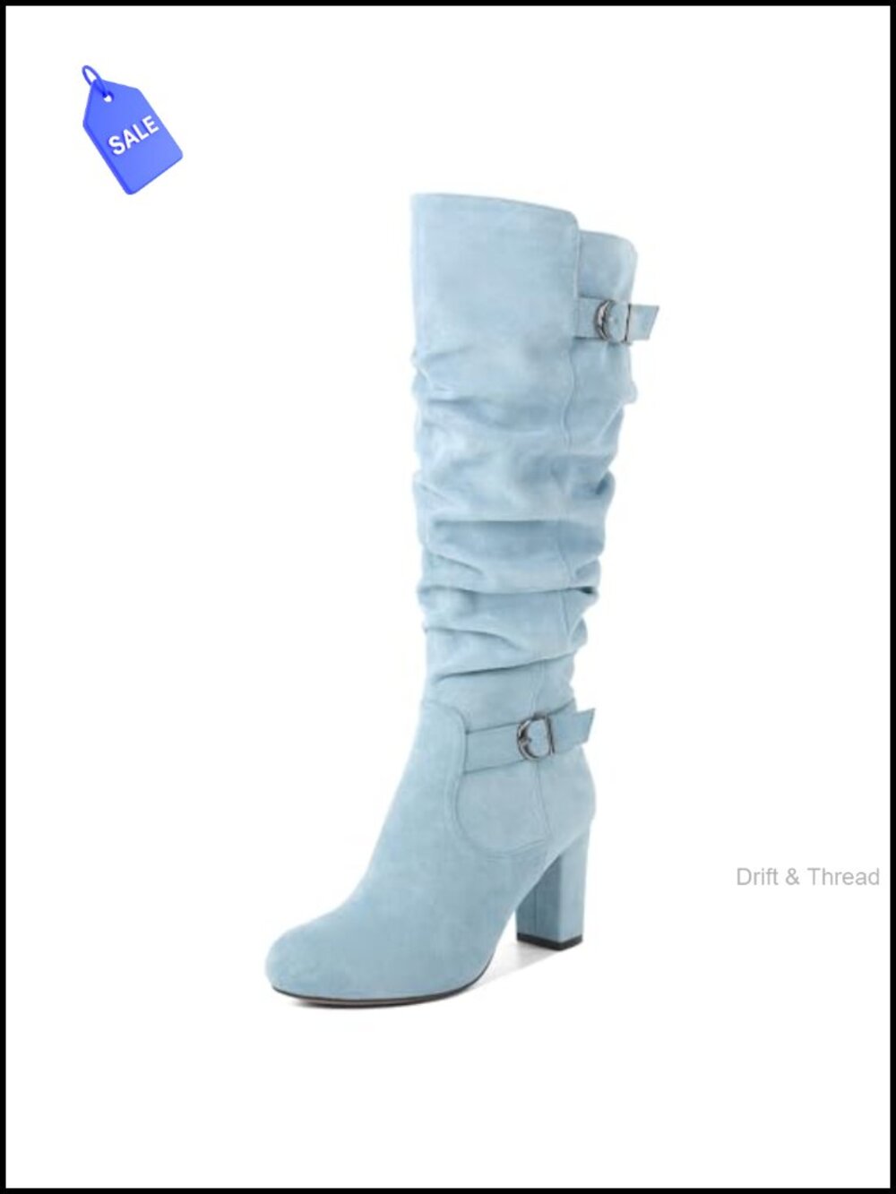 Slouchy High Heel Knee High Boots Round Toe Side Zipper Chunky Block Heel